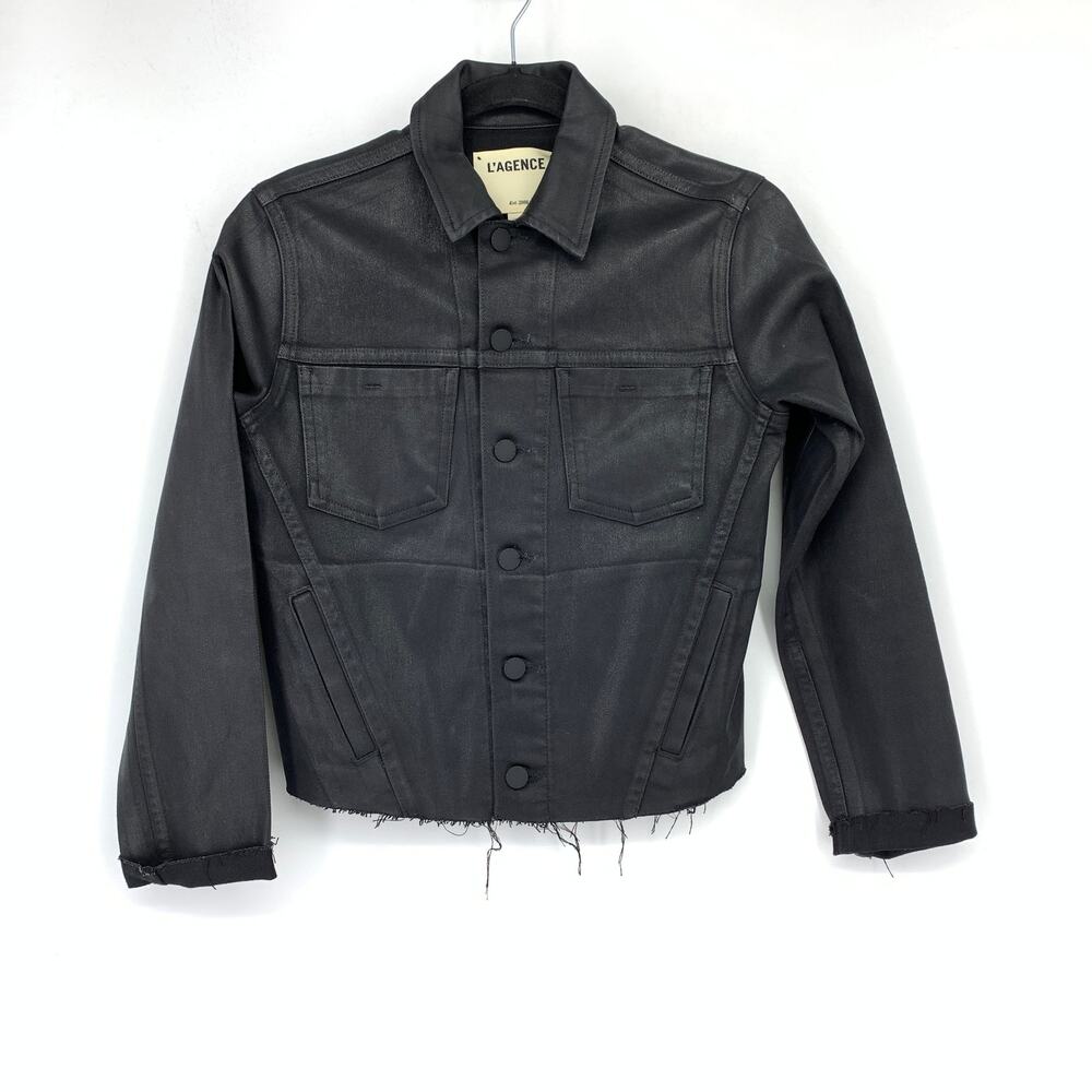 L'AGENCE Janelle Coated Denim Jacket Black Cropped Raw Hem Snap Front Sz Small